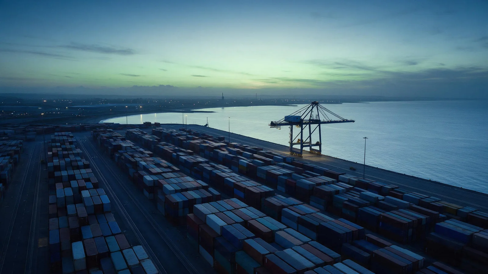 Abstract illustration of a container port at dawn